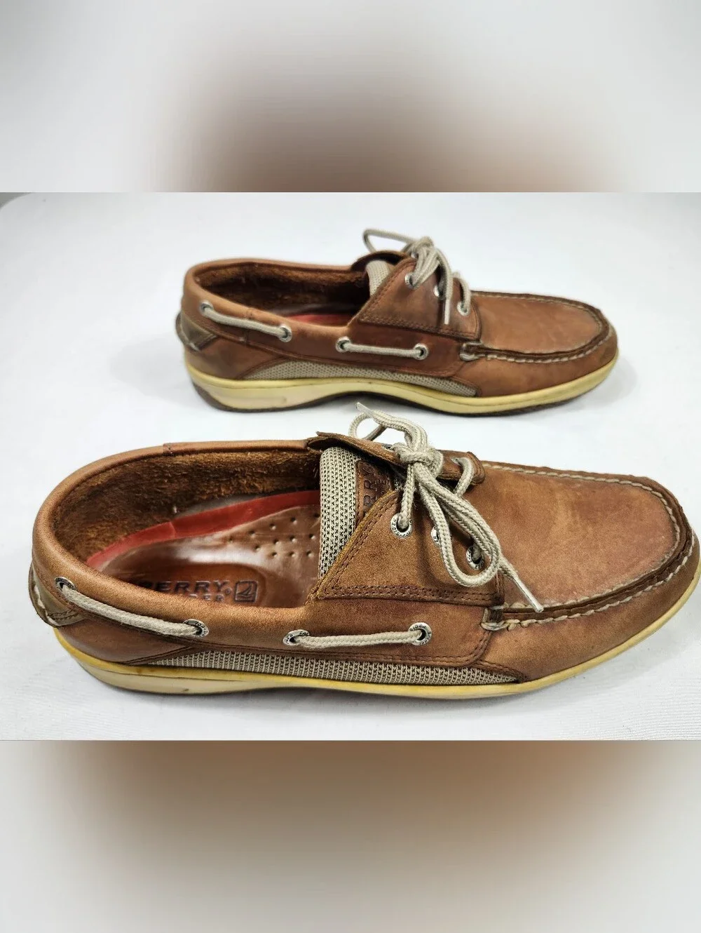 Sperry Top-Sider Men's 12 M Chestnut Brown Leather Boat Shoes with Tan Laces